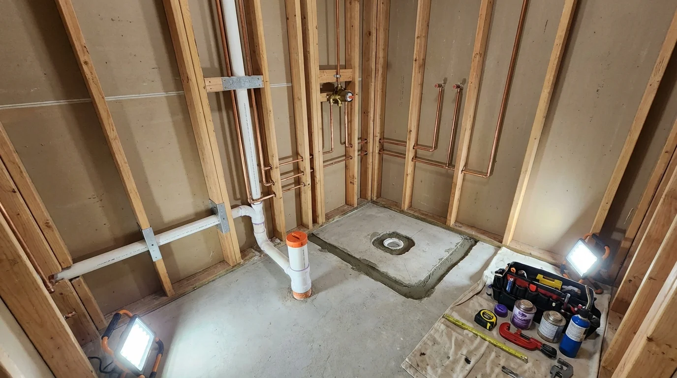 Bathroom rough-in plumbing during remodel by Johns Plumbing LLC in Spangler