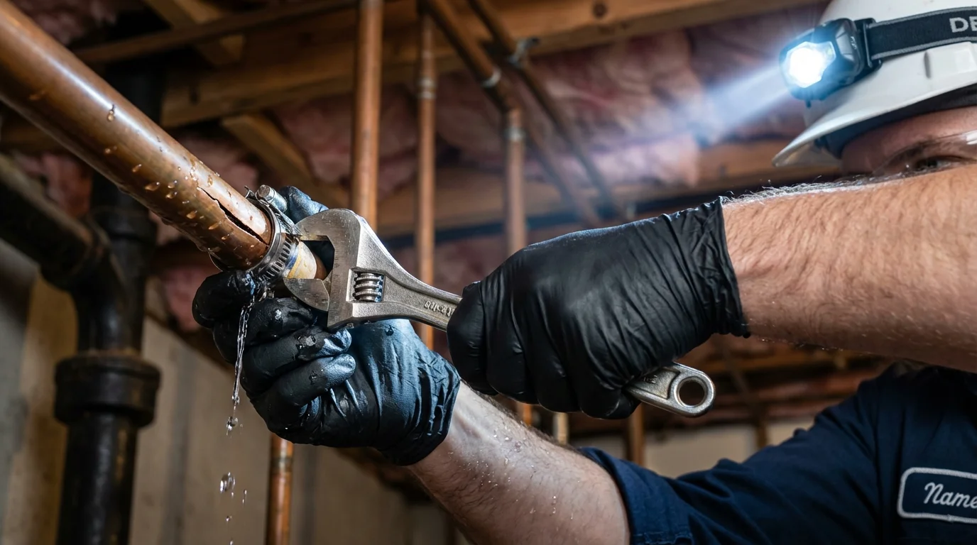 Emergency pipe clamp repair being performed by a Johns Plumbing LLC plumber in Spangler