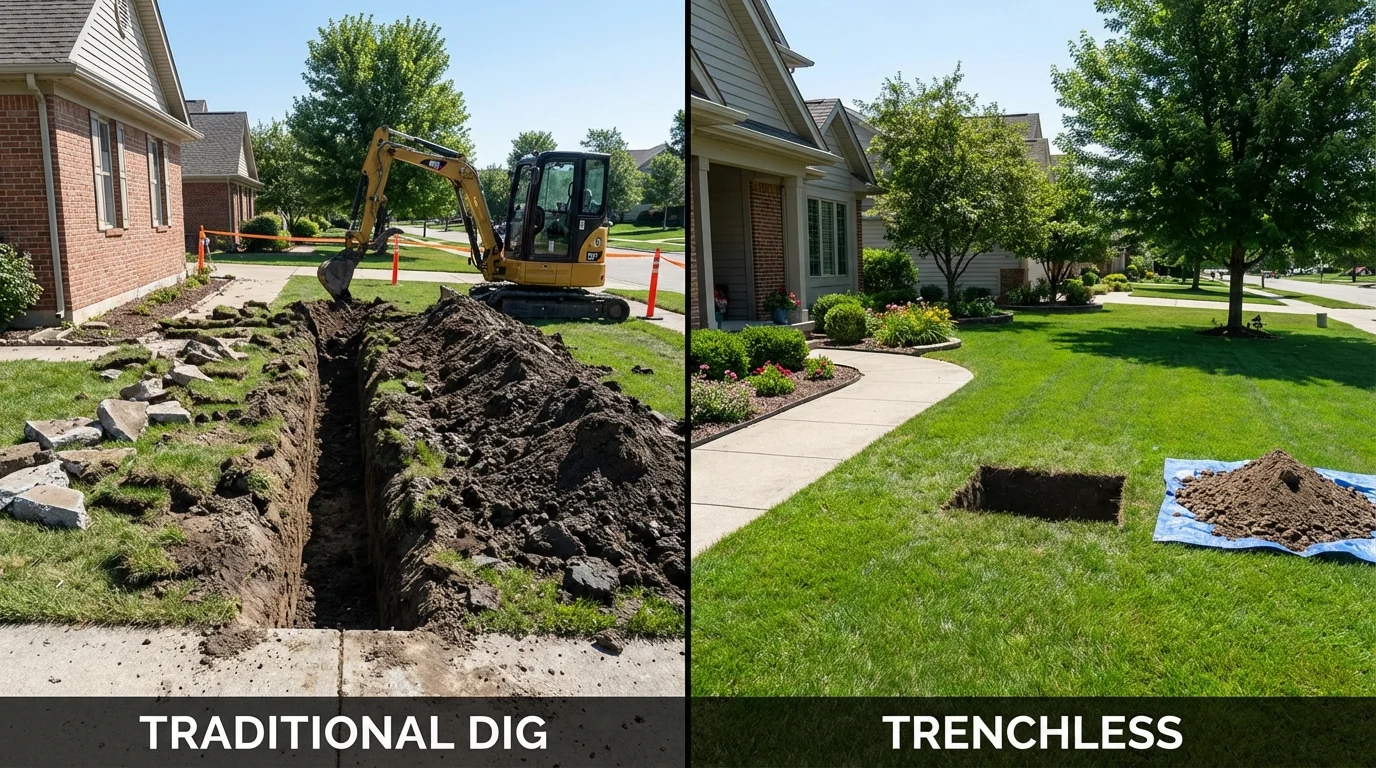 Trenchless sewer repair with minimal yard damage versus traditional excavation in Spangler, PA