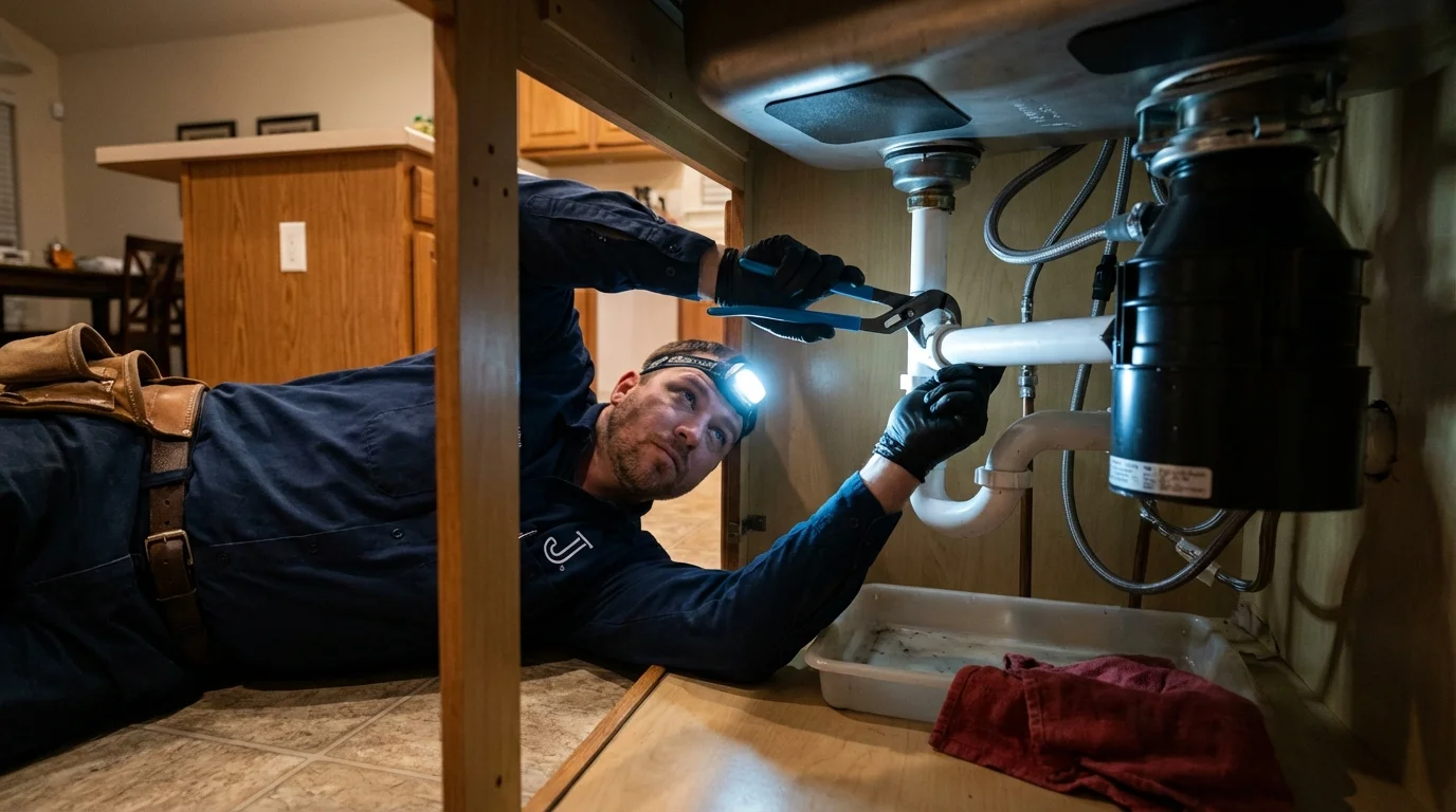 P-trap and supply line connections under a kitchen sink showing a common leak point in Spangler, PA